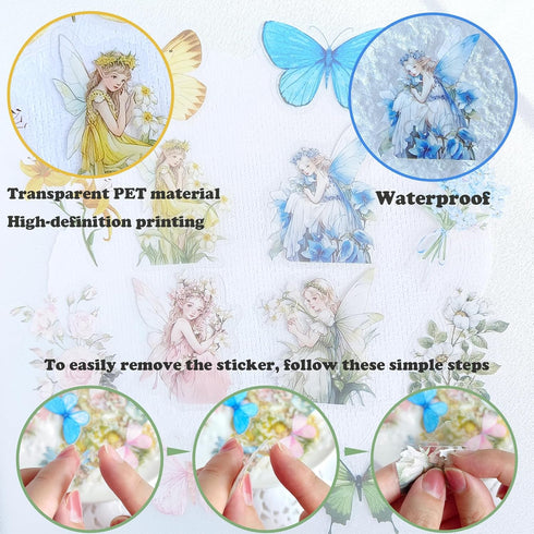 Flower Fairy Stickers Set - 160 Pcs Transparent PET Aesthetic Floral Stickers for Crafts, Envelopes, Resin, Junk Journal - Waterproof Clear Cute B...