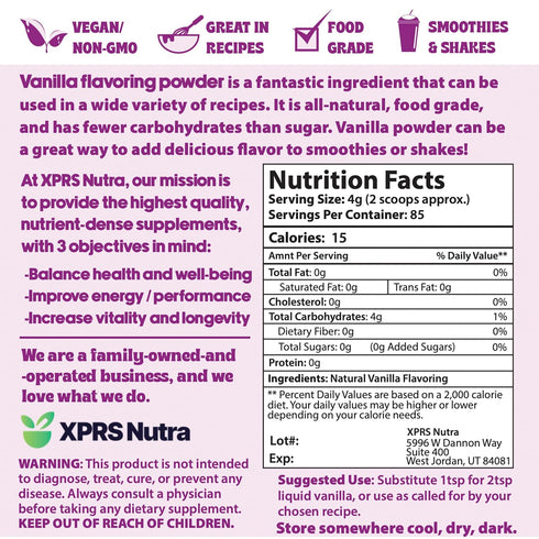 XPRS Nutra Vanilla Flavoring Powder - Fresh Vanilla Powder - Premium Vanilla Powder for Baking Pure Vanilla Bean Powder Flavoring - Make Vanilla S...