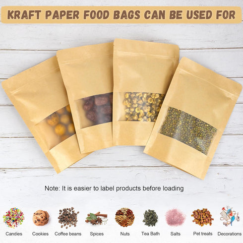 Reusable Food Storage Bags, Resealable Bags for Food, 50 PCS 5.9"×8.7" Kraft Paper Bags with Window,Stand Up Pouches, Brown Paper Bags for Food Pa...