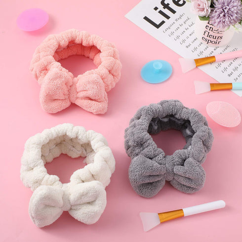 Patelai 3 Pieces Microfiber Bowtie Headbands Wash Face Spa Makeup Hair Band, 3 Pieces Face Mask Applicator Brush, 3 Pieces Silicone Face Brush Gif...