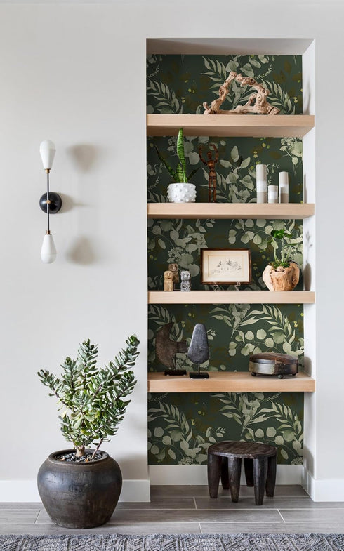 HAOKHOME 93042-4 Peel and Stick Wallpaper Boho Sage Green Eucalyptus Leaf Floral Wall Mural Home Nursery Decor Renter Friendly Wallpaper 17.7in x ...