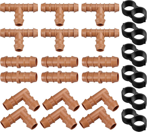 Drip Irrigation Fittings Kit for 1/2 inch Tube (0.600”ID), 24 Pieces Drip Irrigation Parts Set - 6 Tees, 6 Couplings, 6 Elbows, 6 End Caps, Drip L...