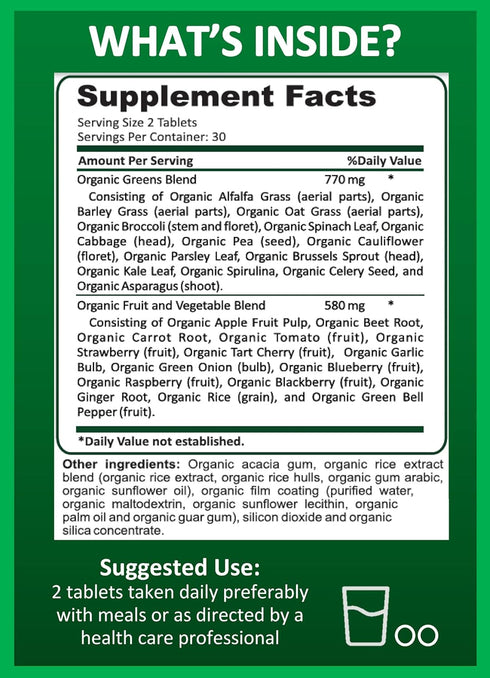 Organic Superfood Greens, Fruit and Veggies Supplement Rich in Vitamins & Antioxidants with Alfalfa, Beet Root & Tart Cherry to Boost Energy, Immu...
