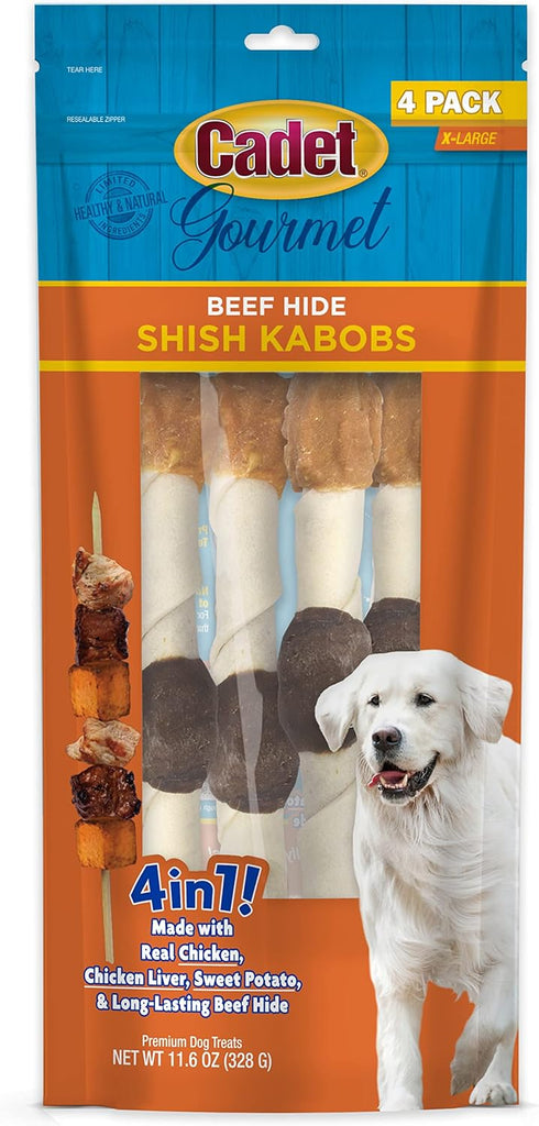 Cadet Gourmet Shish Kabob Dog Treats for Large Dogs, Healthy & Natural Chicken & Sweet Potato Chew Sticks, Beef Hide, Extra Large 10 Inch, 4 Count...