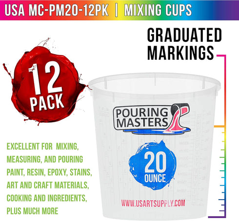 20 Ounce (600ml) Graduated Plastic Mixing Cups (Box of 12) - Paint Mixing Cups for Epoxy Resin, Art, Kitchen, Baking - Measurements in OZ and ML, ...