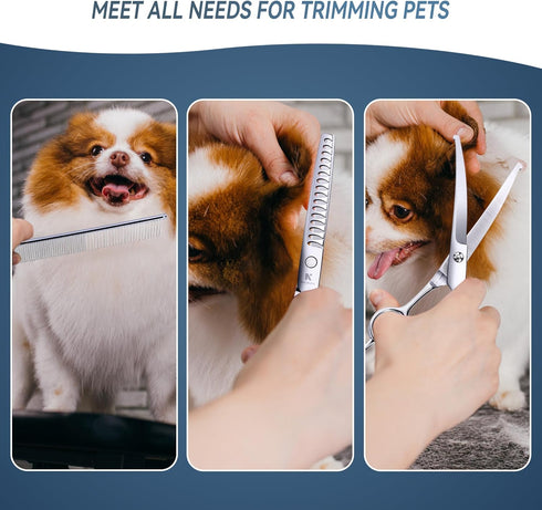 Dog Grooming Scissors with Safety Rounded Tips, Professional 4 in 1 Pet Grooming Scissors Kit with Curved Dog Scissors for Grooming, Chunker Shear...