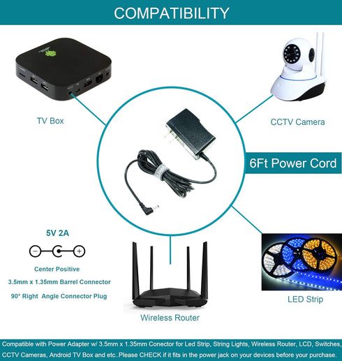 5V 2A AC Power Adapter with 3.5mm x 1.35mm Connector Plug, Wall Charger Power Adaptor for Tablets, Wireless Router, Switches, USB Hubs, Android TV...