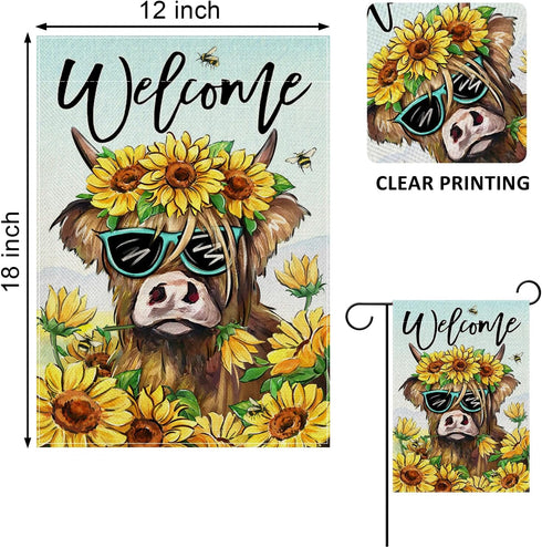 Welcome Spring Summer Highland Cow Decorative Garden Flag, Farm Animal Sunflower Floral Flower Yard Outside Decorations, Bee Farmhouse Rustic Outd...