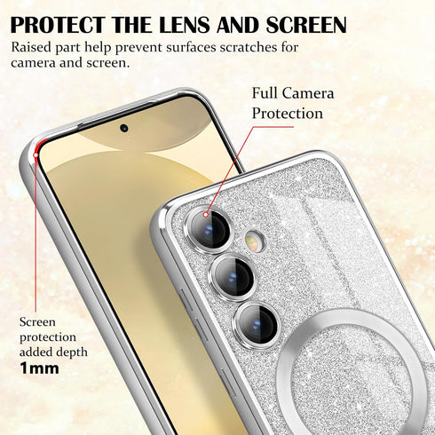 for Samsung Galaxy S24 5G Magnetic Case, Luxury Sparkle Glitter Case Cover Soft TPU Full Camera Lens Protection Bling Case Anti-Scratch Shockproof...