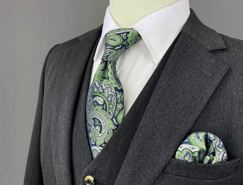 S&W SHLAX&WING Mens Ties Gray Blue Green Neckties for Men Silk Paisley Classic Size Necktie with Pocket Square Set...