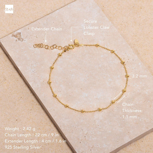 Amberta 18K Gold Plated on 925 Sterling Silver Adjustable Anklet - Classic Chain Ankle Bracelets - 9" to 10" inch - Flexible Fit...