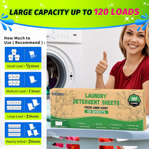 Laundry Detergent Sheets - Fresh Linen Scent 120 Loads (60 Sheets),Plastic Free,Laundry Detergent Strips for Travel,Dorms, Home,Apartments,Liquidl...