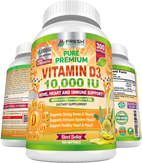 Premium Vitamin D3 10000 IU (250mcg) Infused with Extra Virgin Olive Oil - Immune Support - 300 Softgels - Supports Heart, Joints, Bone, Muscle an...
