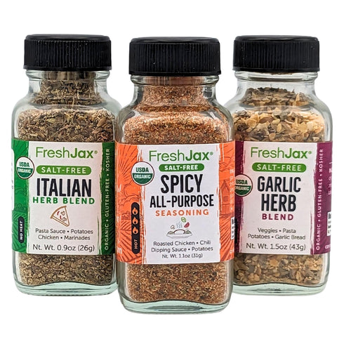 FreshJax Organic Salt Free Spice Blend Gift Set | 3 Spice Sampler Sized Bottles | Spicy All Purpose, Italian Seasoning and Garlic Herb Blend | Han...
