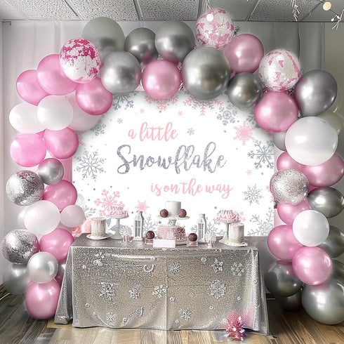 Mocsicka Snowflake Baby Shower Backdrop - Winter Wonderland Photography Background - Pink & Silver Snowflakes - 7x5ft (82x60 inch)...