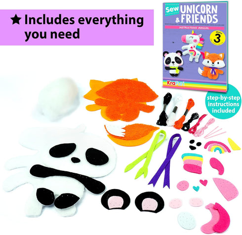KRAFUN Unicorn Beginner Animal Sewing Kit for Kids Age 7-13 My First Art & Craft, includes 3 Stuffed Animal Dolls Panda, Fox, Instructions & Plush...