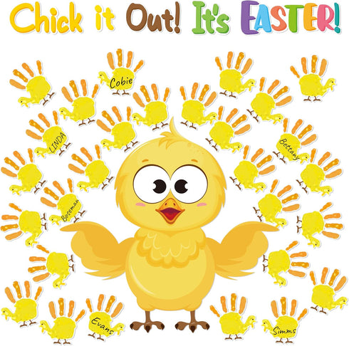 77Pcs Easter Chicks Handprint Bulletin Board Decoration Set, Chick It Out It’s Easter Cutout Chalkboard Wall Decor, Party Border Trim Supply for E...