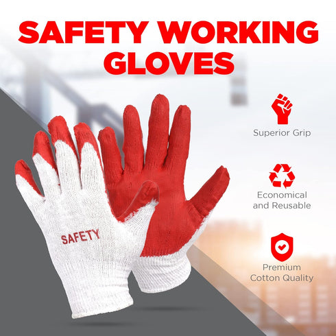 SAFETY Non-Slip 10 Pairs Red Latex Cotton Multi-Purpose Work Gloves- Nitrile Dipped & Rubber Palm Coated for a Firm Grip- Heavy Duty Premium-Const...