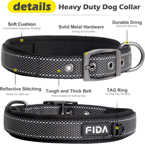 Fida Heavy Duty Dog Collar, Ultra Comfortable Soft Neoprene Padded, Adjustable Reflective Nylon Pet Collar with Durable Metal Belt Buckle for Medi...