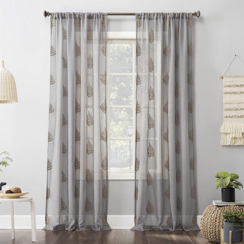 No. 918 Fern Embroidered Fern Sheer Rod Pocket Curtain Panel, 50" x 63", Gold/Gray...