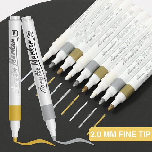 Acrylic Paint Pens Markers,9 Pack Acrylic Markers, 2-3mm Medium Tip, White Gold Silver Paint Pen for Art Projects, Drawing, Rock Painting,Wood, Pl...