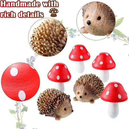 Queekay Resin Hedgehogs & Wood Mushroom Sculpture, Fairy Wild Garden Supplies, 6 Pieces, Red, Handmade Decor...