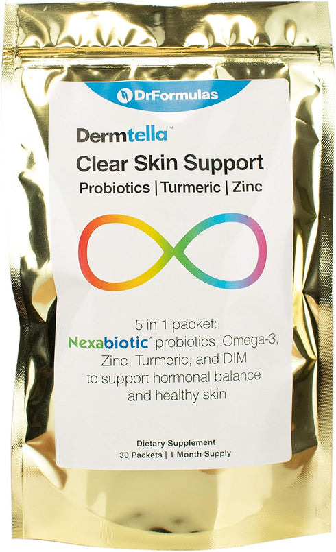 DrFormulas Dermtella Clear Skin Support Packs | Pills with Zinc, Probiotics & DIM | Supplements for Women, Teens & Men with Nexabiotic Probiotics,...
