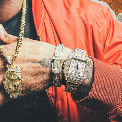 Diamond Watch for Men Guys Iced Out 20MM Wide Wristband 18k Real Gold/White Gold Platinum/Rose Gold/Rhodium Black Plated, Cuban Link Chain Set Opt...