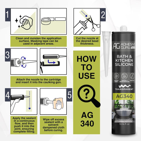 Adhesive Guru AG340 Clear Silicone Sealant (10.14 fl oz), 100% Silicone Caulk, Weatherproof & Flexible Adhesive Sealant for Bath and Kitchen, 1 Pa...