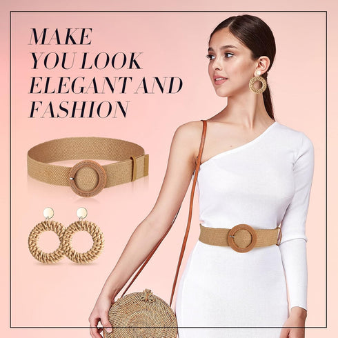 6 Packs Women Belt Straw Woven Elastic Wide Stretch Waist Belt Rattan Earrings Set, Tassel Hoop Drop Dangle Bohemian Fashion Earrings and Dress Br...