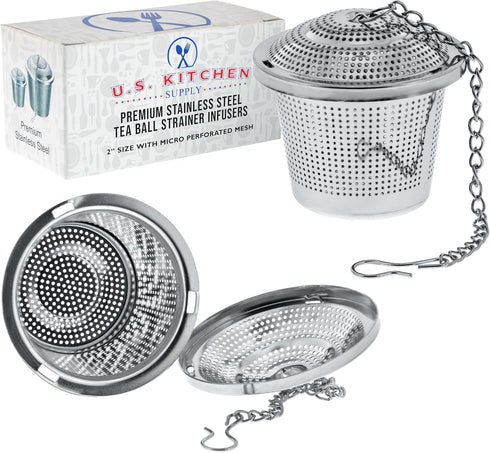 U.S. Kitchen Supply - 2 Premium Stainless Steel Tea Ball Strainer Infusers - 2" Size with Micro Perforated Mesh - Steep Loose Leaf Tea, Herbal, Sp...