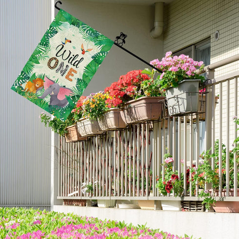Wild One Garden Flag, Happy 1st Birthday Zoo Theme Outdoor Banner, 1st Birthday Party Decór Vertical Sign, Lion and Elephant Lawn Yard Double Side...
