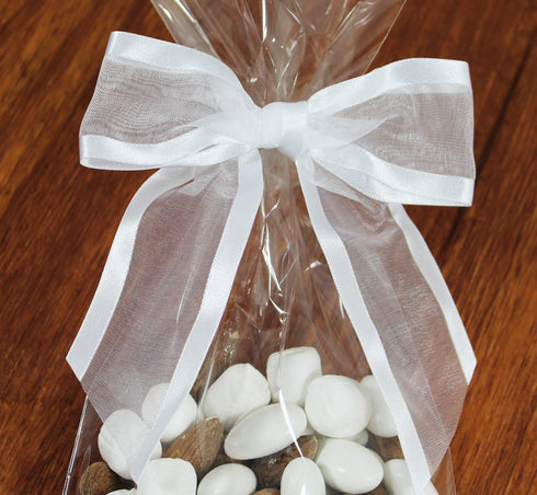 White Pre-Tied Organza Bows with Twist Ties. Pack of 12 Satin-Edged Fabric Bows Made of 1-1/2" Ribbon. Bow Measures 4" Wide (12, White)...
