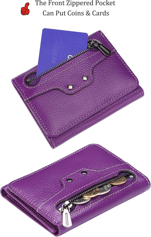 AINIMOER Small Leather Wallet for Women, Slim Compact Credit Card Holder RFID Blocking Wallets Organizer with Coin Pocket, Lichee Purple...
