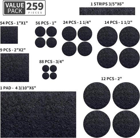 Felt Furniture Pads for Hardwoods Floors, 259 PCS Self Adhesive Felt Pads for Chairs, Cuttable Anti-Scratch Felt Furniture Feet Leg Floor Protecto...