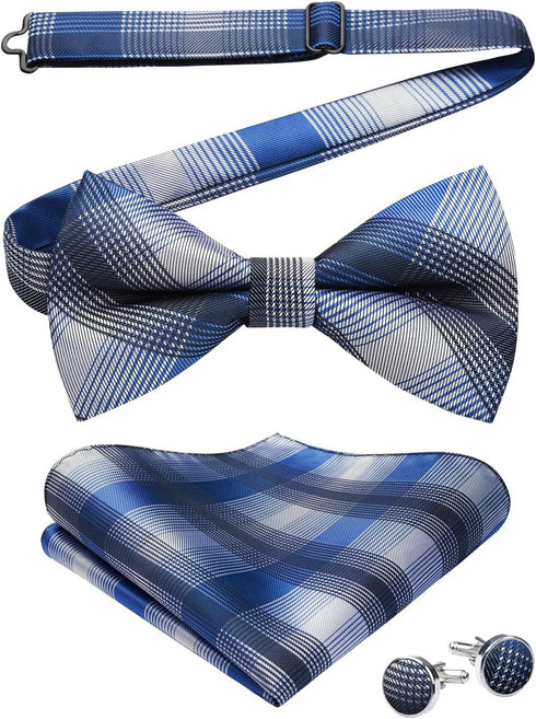 HISDERN Bow Ties for Men Pre-Tied Bow Tie Set Handkerchief & Cufflinks Plaid Classic Formal Bowtie for Party Wedding...