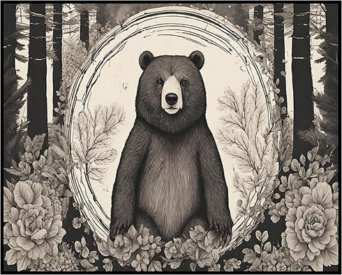 Posterizer 1 pcs- Bear sorrounded by wild flowers and trees-Art for Animal Lovers-Floral Botanical Art- Gift for Men Women Teens-Living Room Bedr...