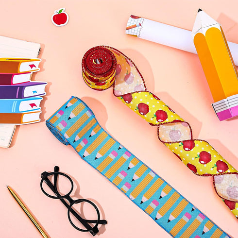 Whaline 30 Yards Back to School Wired Edge Ribbons School Themed Decorative Fabric Ribbon School Supplies Apple Stars Dots Wrapping Ribbon for DIY...
