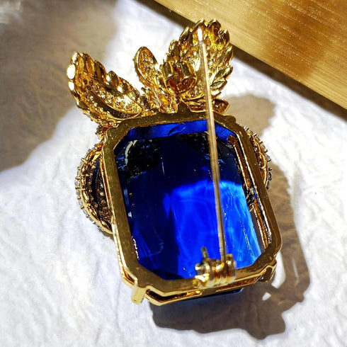 Gorgeous Floral Cobalt Blue Large Faceted Stone Brooch Gold Tone...