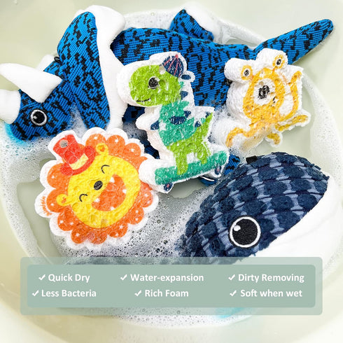 3pcs Compressed Wood Pulp Sponge Scrubber, Cute Cartoon Dual-Sided Reusable Dish Washing Cleaning Sponges Brush, with lanyard, Individually Packag...