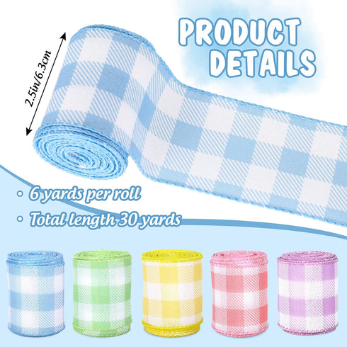 Spring Wired Edge Ribbon 30 Yards Pastel Buffalo Plaids Craft Ribbon Light Blue Yellow Pink Purple Green Decorative Fabric Ribbon for Easter Wreat...