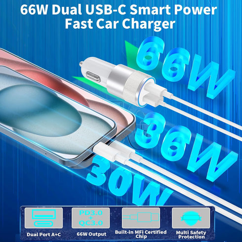 ?MFi Certified? iPhone 15 Car Charger Fast Charging, KYOHAYA 66W USB-C PD&QC Car Power Cigarette Lighter USB Charger with 2Pack Type-C Cable for i...