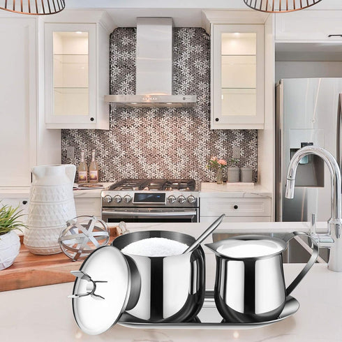 Creamer and Sugar Bowl Set Stainless Steel Latte Milk Cup Cream Jug and Sugar Bowl with Lid Spoon Tray for Coffee Serving Set Frothing Milk...