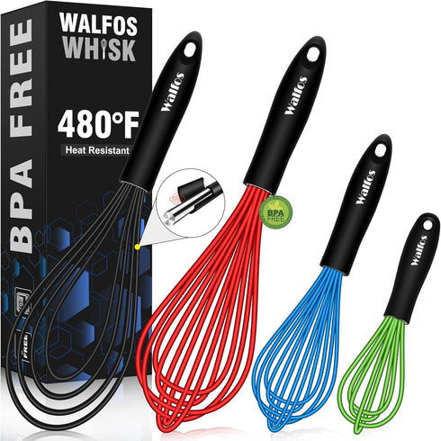 Walfos Whisk,Whisks for Cooking Non Scratch.Silicone Whisk Set of 4 Kitchen Wisk-11in Flat wisk and 7+9+11in Balloon Whisk.Nice for Mixing,Whiskin...