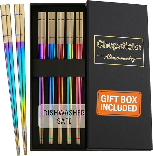 Reusable Chopsticks - Extra Long 9" - 5 Pairs per Pack - Made of Food-Safe Stainless Steel - Holographic Design - Asian Dining Utensils for Home K...