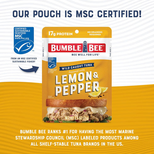 Bumble Bee Lemon & Pepper Seasoned Tuna, 2.5 oz Pouch - Ready to Eat - Wild Caught Tuna Packet - 17g Protein per Serving - Gluten Free...
