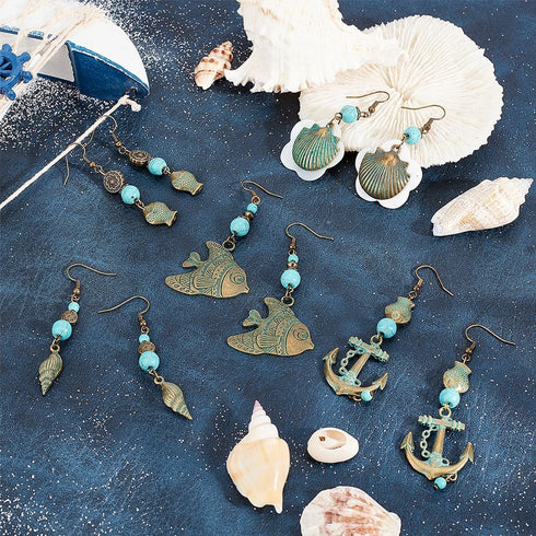 SUNNYCLUE 1 Box DIY 10 Pairs Bohemian Vintage Turquoise Dangle Earrings Set Retro Boho Ocean Theme Jewellery Making Kit Shell Seahorse Charms Holl...