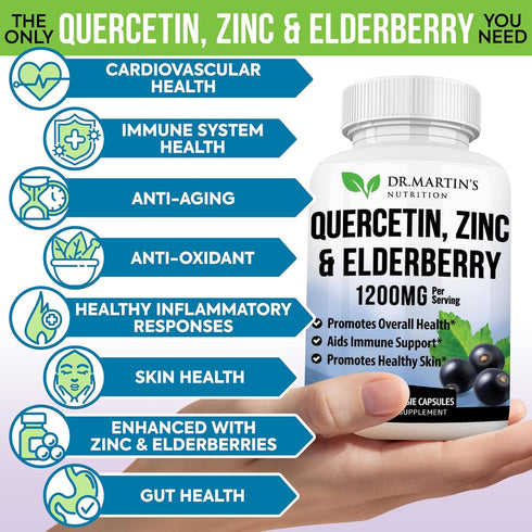 Extra Strength Quercetin with Zinc & Elderberry 1230mg | Supports Immune System & Cardiovascular Health, Helps Improve Inflammatory Responses & Im...