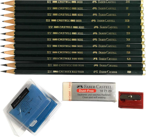 Faber-Castell 9000 Graphite Sketch Pencil Art Set (8B - 2H) with Kneaded Art Eraser, Large Dust Free Eraser and Sharpener...
