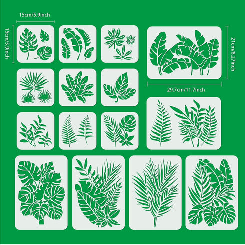 15 Pieces Tropical Leaf Stencil Reusable Fern Leaf Monstera Palm Leaf Turtle Leaf Painting Stencils for Painting Linoleum Floor Wall Wood Tiles Ce...